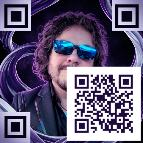 AI violet swirl portrait of Scott with a small scannable key code. A real, scannable example