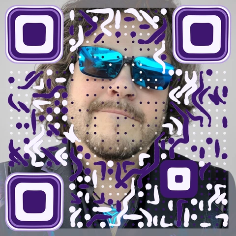 Scott's portrait with violet calligraphic QR strokes. A real, scannable example